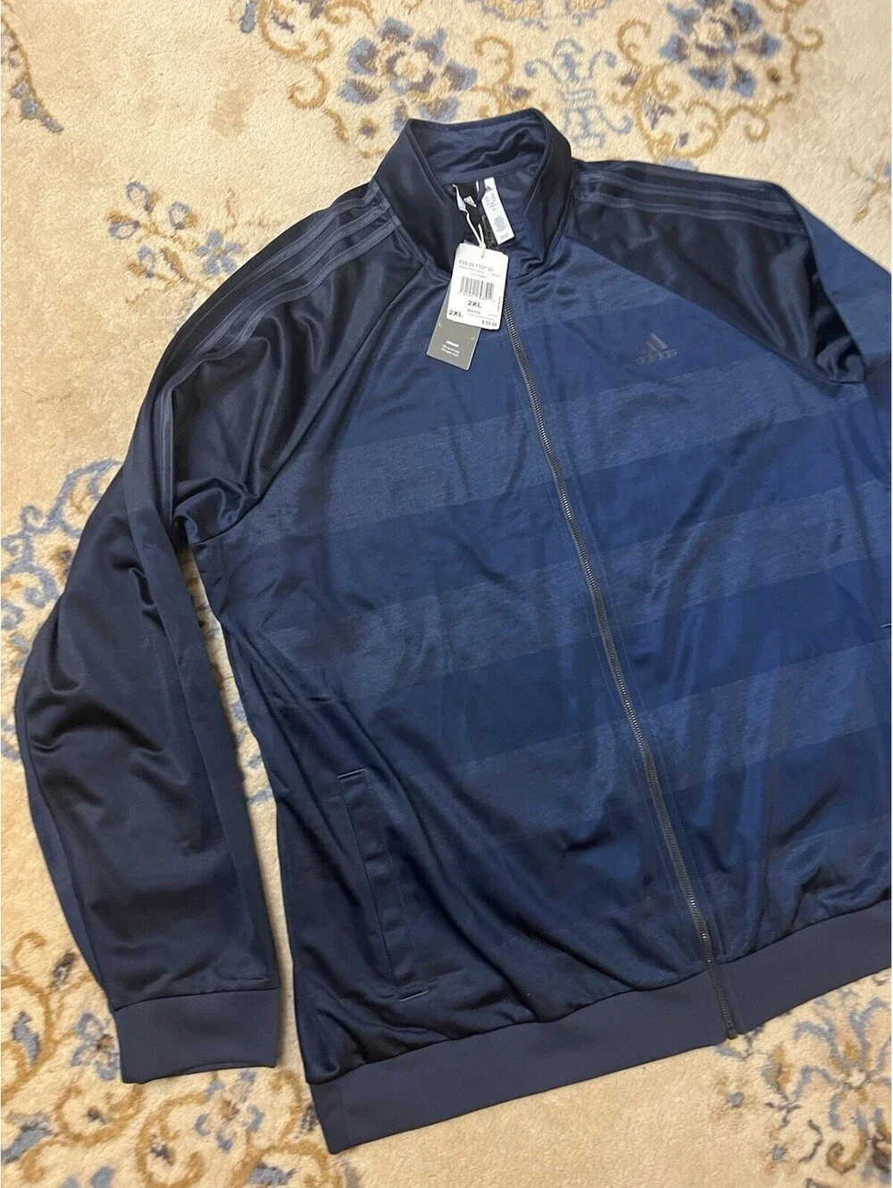 Adidas Jacket Mens 2XL Blue ESS 3S TTOP Q3 Full Zip Striped Logo Athletic Blue